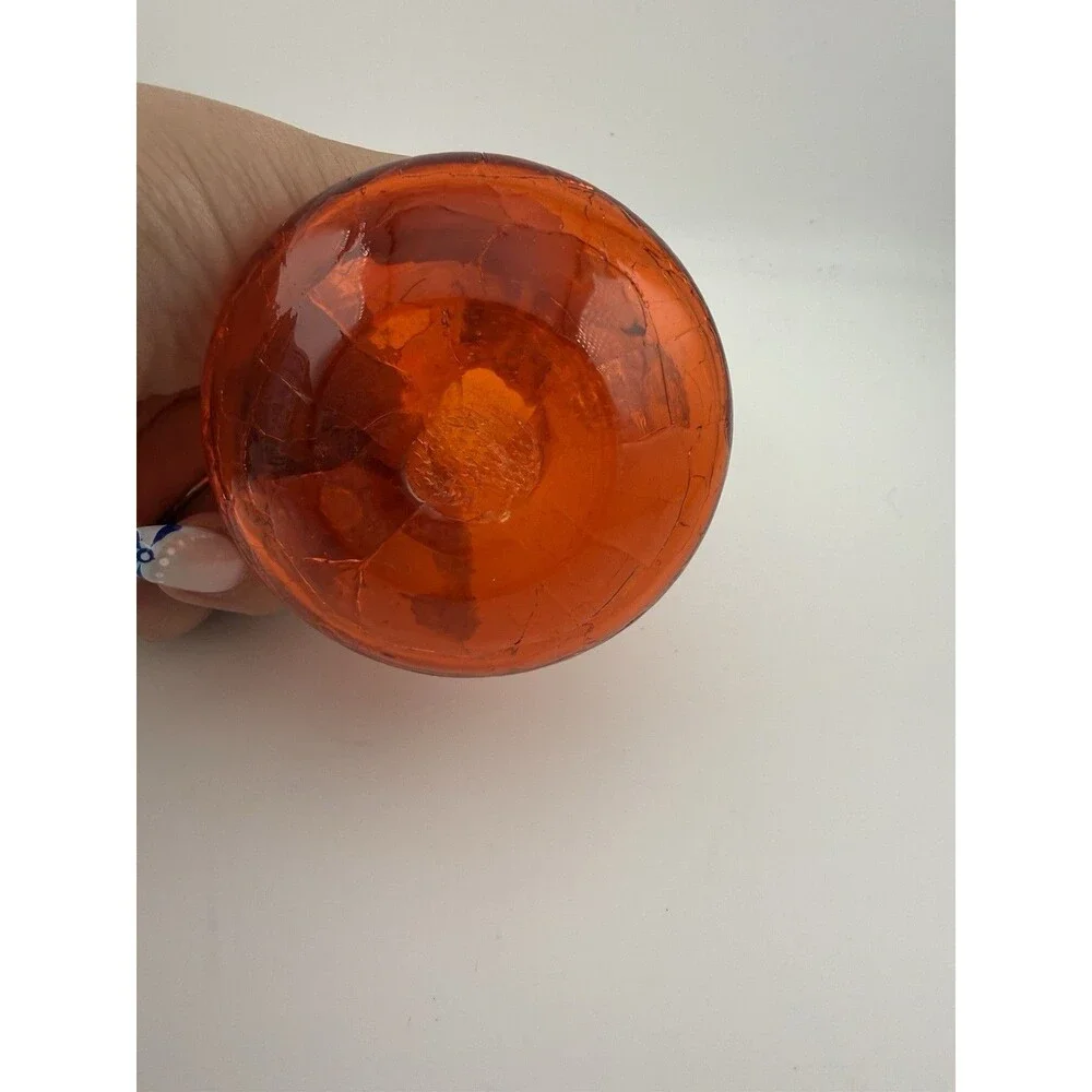 Vintage Pilgrim Crackle Glass Pitcher, Tangerine, Clear Angled Handle, 4” tall